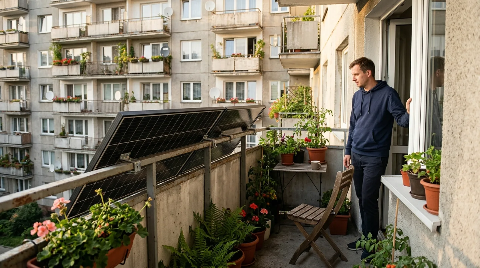 Fotowoltaika balkonowa w bloku — dwa panele na barierce balkonu, mieszkaniec sprawdza, czy instalacja się opłaca