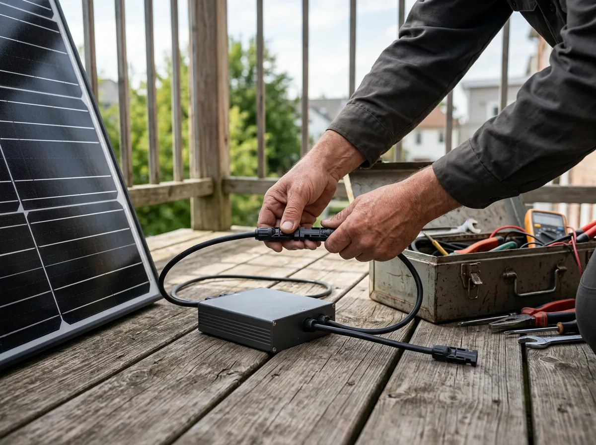Podłączanie złączy MC4 paneli do mikroinwertera balkonowego 800W na podłodze balkonu