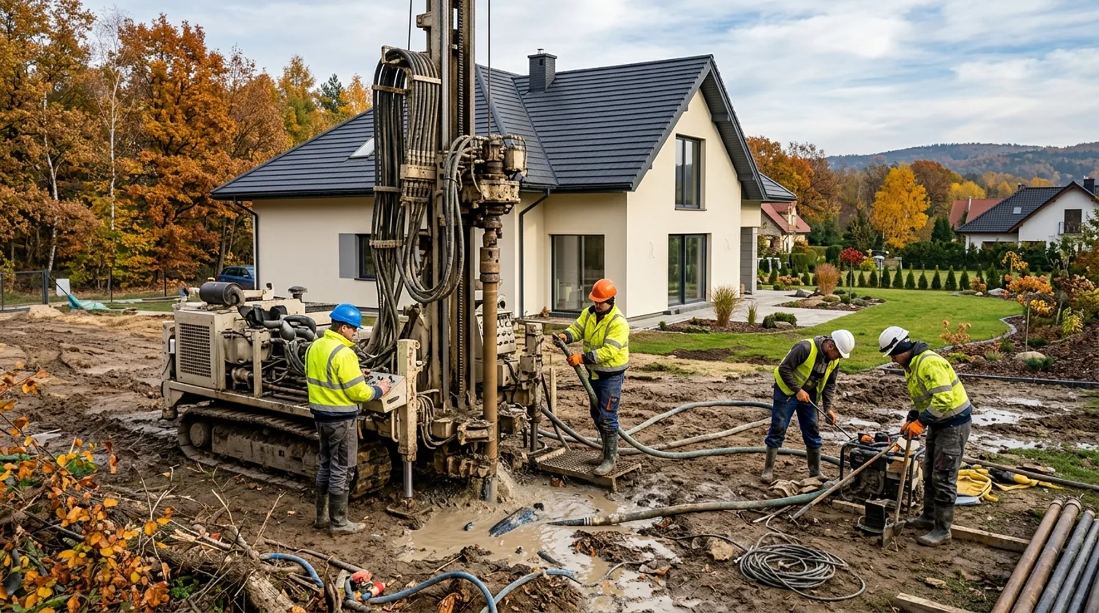 Wiertnica wykonuje odwiert pod gruntową pompę ciepła w ogrodzie nowego domu jednorodzinnego