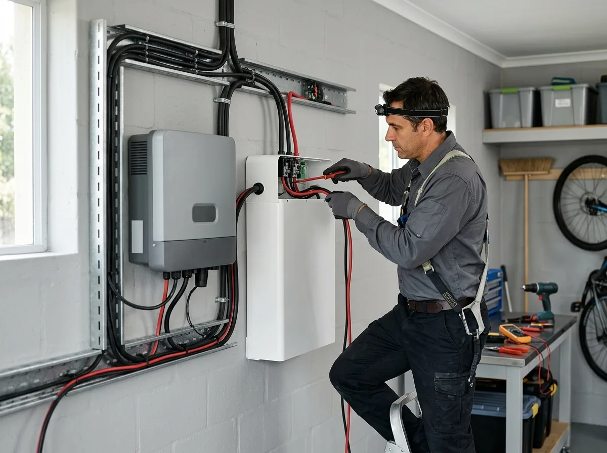 Instalator montuje magazyn energii przy falowniku hybrydowym w garażu domu jednorodzinnego